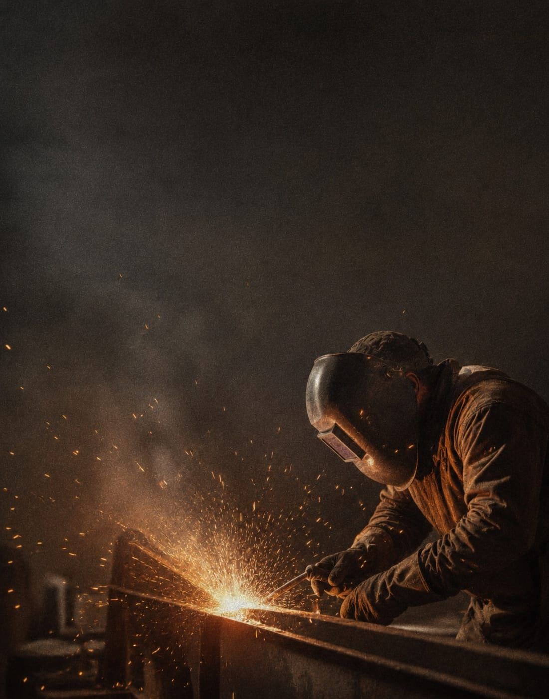 A welder striking an arc, sparks throwing off the work