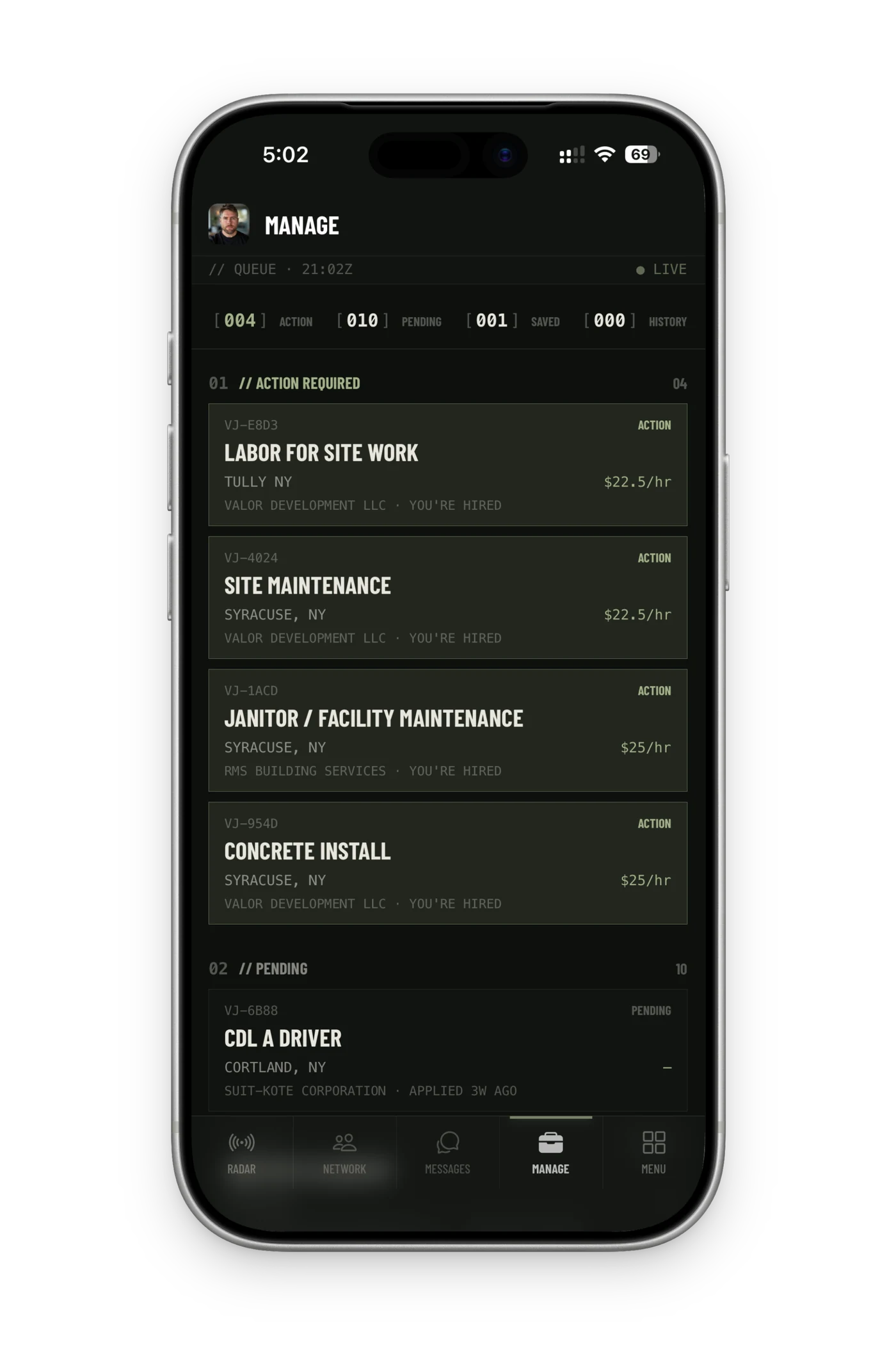 The board, showing openings near you
