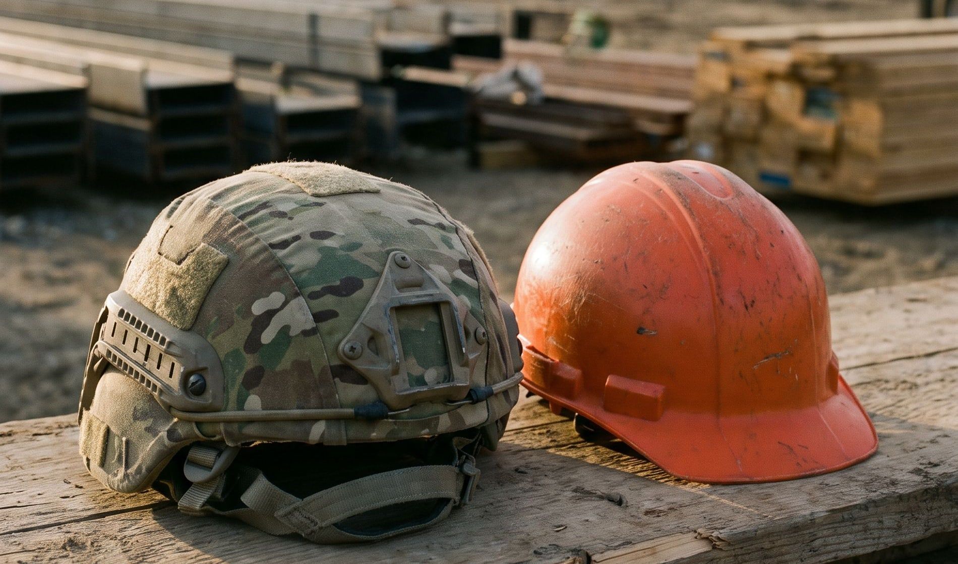 A combat helmet and a hard hat side by side on a timber beam at a construction site