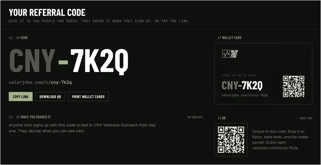 Your referral code card, with the code and QR
