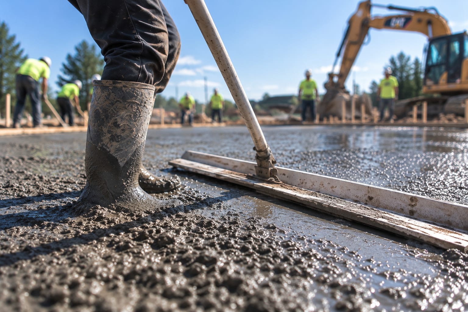 Boots and a screed working wet concrete, the crew behind