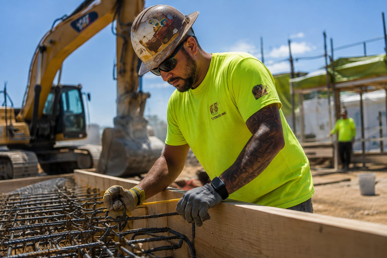 A worker setting rebar into formwork